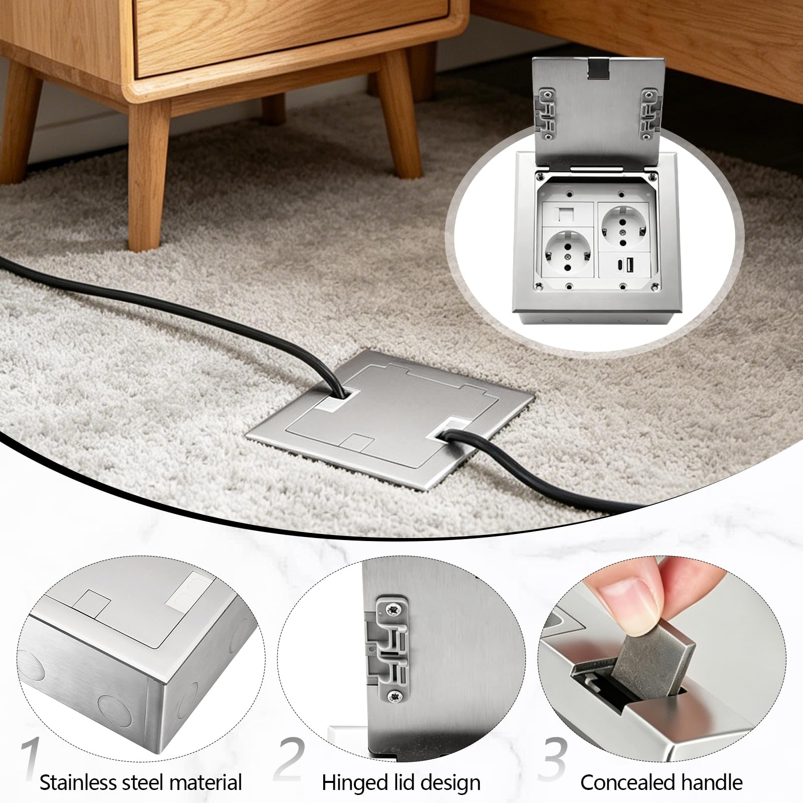 Gniazdo podłogowe do zabudowy, czarne, ze stali nierdzewnej, wodoszczelne, 2 AC + 1 USB + 1 RJ45, wpuszczane gniazdko podłogowe