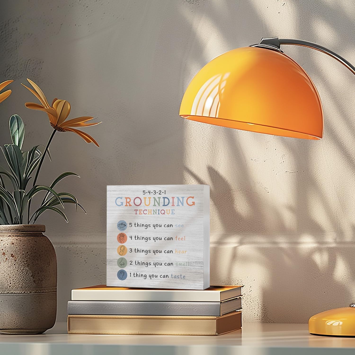 Mental Health Wooden Box Sign, Therapy Office Decor, Grounding Technique Wood Block Box for School Counselor Counseling Mental Health Office Desk Shelf Table Decor, 5x5 Inch - Image 3