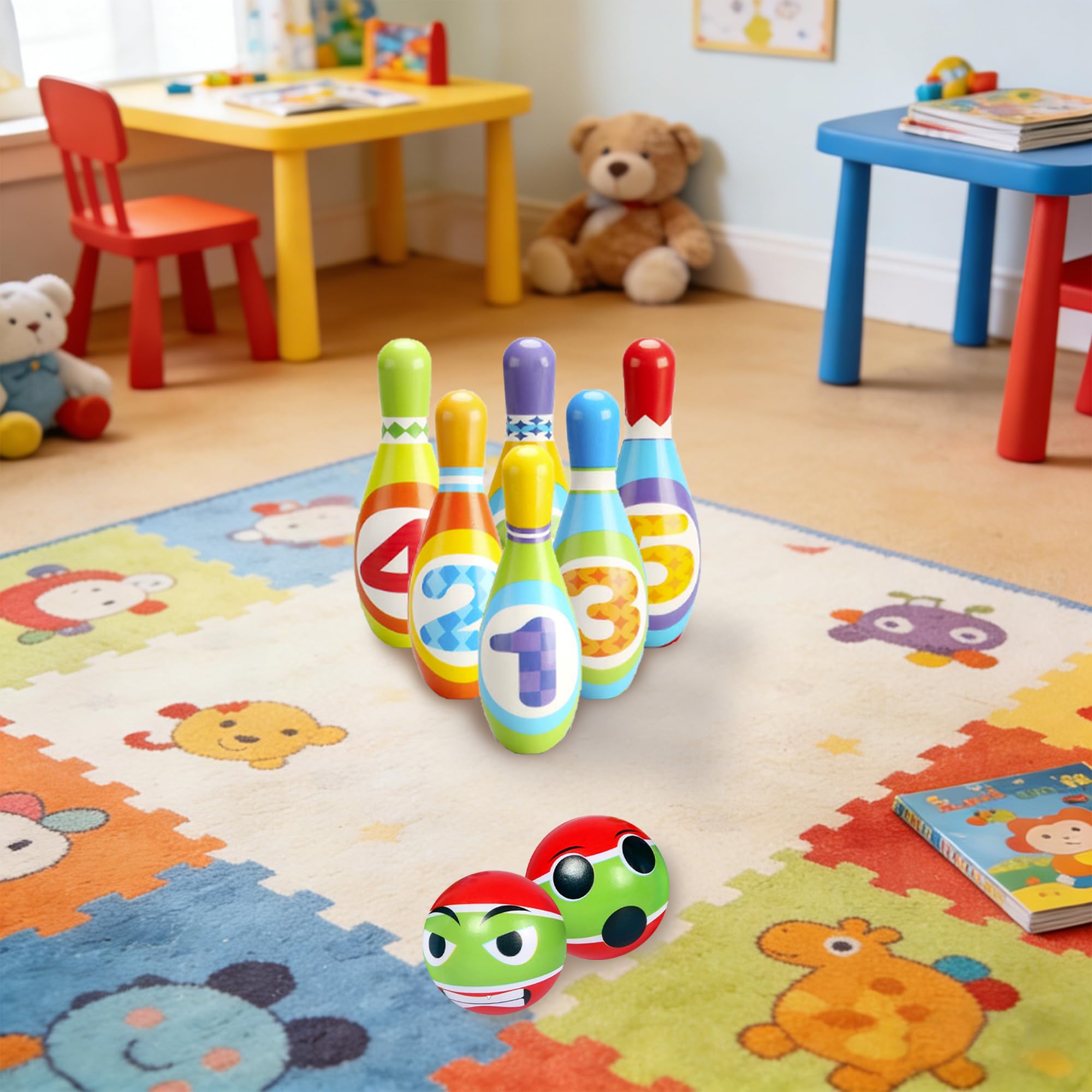 Birilli Bowling Set con 6 Pezzi e 2 Palle, Morbido Set per Esterno e Interno, Giochi Giocattoli Educativi per Festa