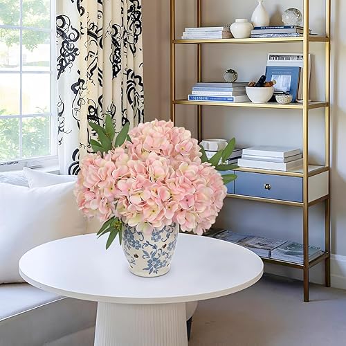 Miniatura 4 de Hollyone Hortensias artificiales de seda rosa de 7.4 pulgadas, 4 piezas de hortensias falsas grandes con tallos para bodas, fiestas, centros de