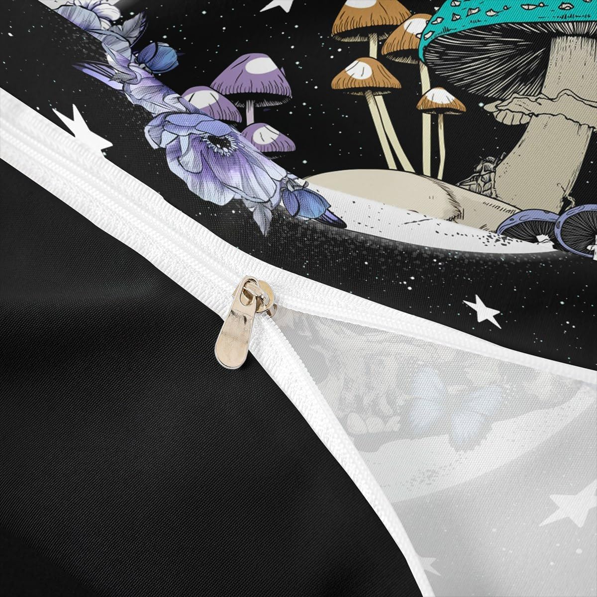 Star Moon Duvet Cover Queen Size Mushroom Sugar Skull Bedding Set 3pcs for Kids Girls Boys Youth Bedroom Decor Exotic Plants Comforter Cover Purple Flower Butterfly Quilt Cover,Black White