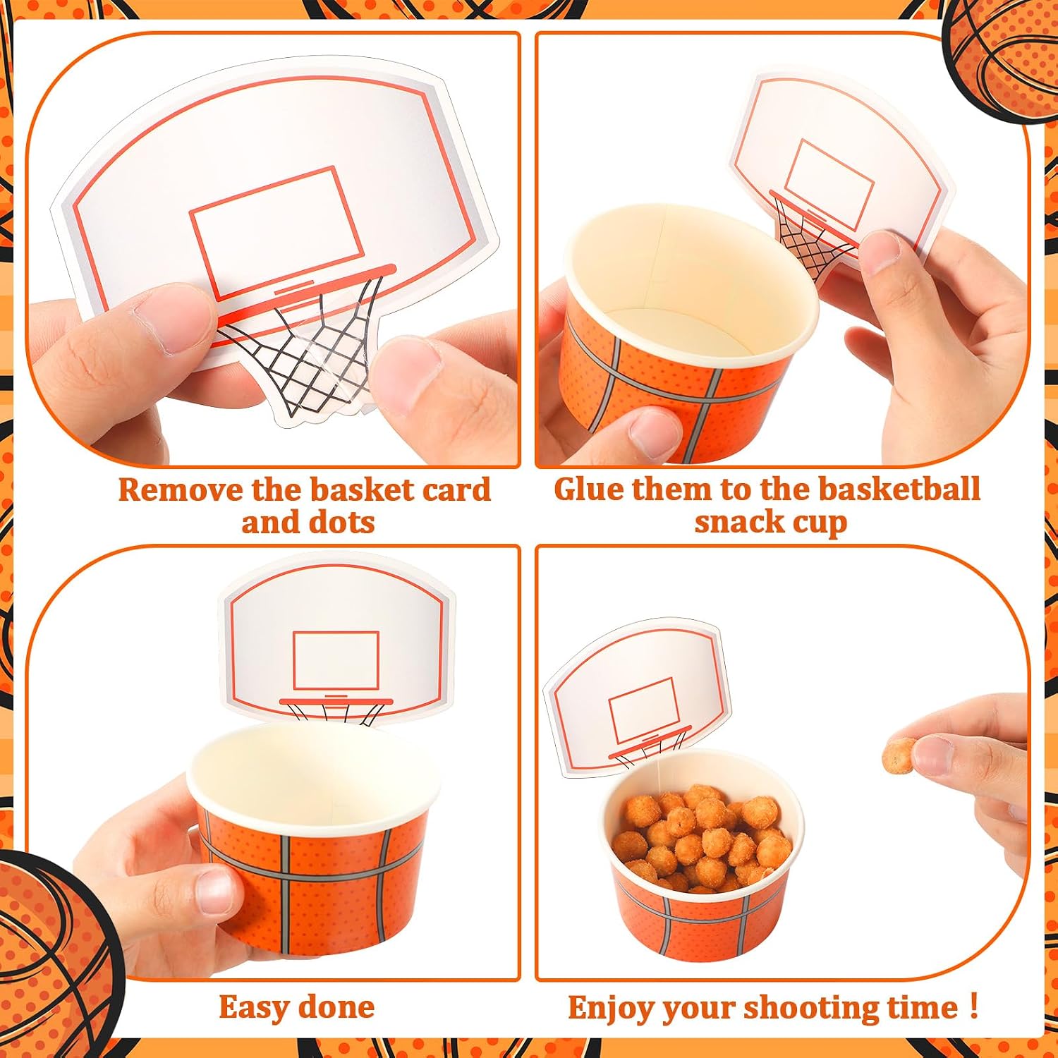 Sunnyray 48 Sets Basketball Hoop Snack Cups with Cards 8 oz Disposable Paper Basketball Party Cups Sports Balls Treat Food Bowls for Balls Birthday Party Favors Decorations Supplies