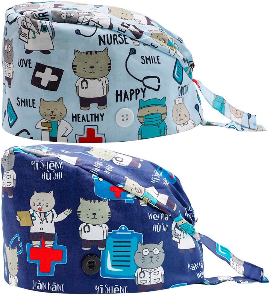2PCS Fun Printed Working Hat with Buttons, Upgrade Breathable Lace Up Cotton Sweatband Cap Tie Back Hair Cover for Women Men (Dog & Cat)