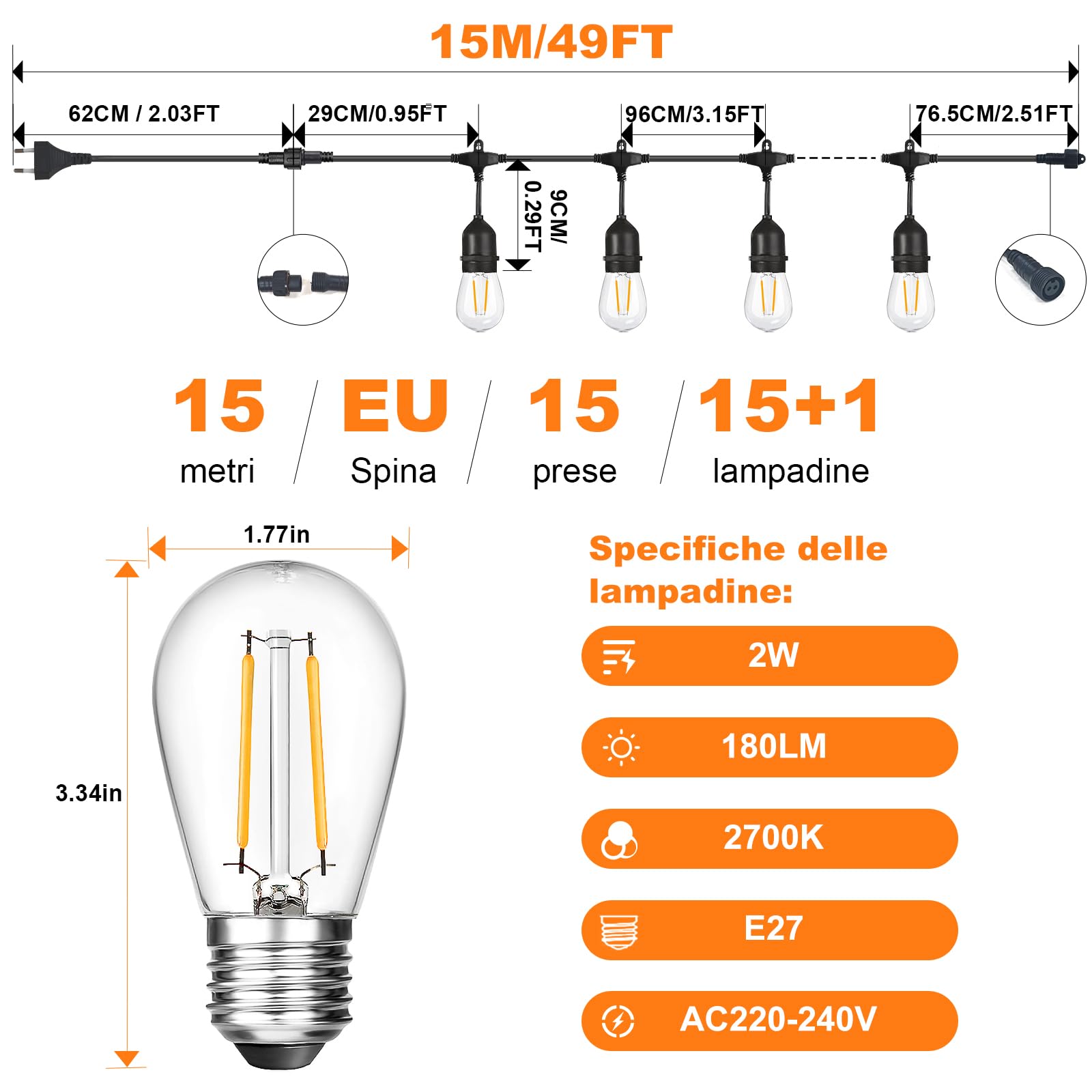 BRIMAX LED Catene Luminose Esterni, 30 metri con 30 lampadine S14, corrente AC220-240V, 2700K bianco caldo, IP44 impermeabile, 2W per lampadina, Luci a LED per giardino, festa, matrimonio, campeggio | Luce esterna impermeabile di grado commerciale 2700K b