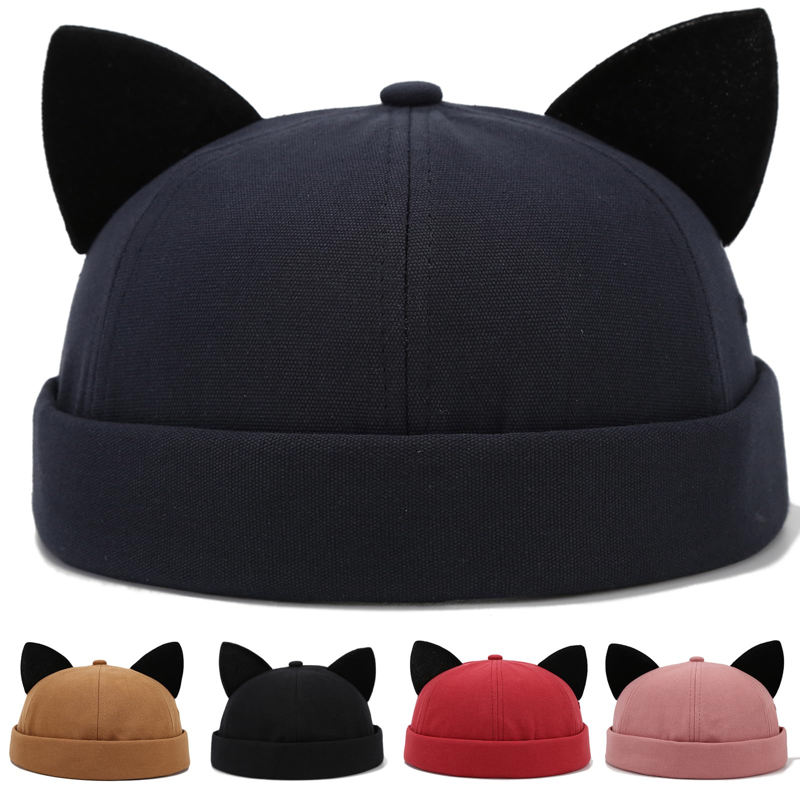Cat Ears Brimless Hat Docker Caps for Women, Skull Cap Sailor Caps Adjustable Rolled Cuff Retro Mens Beanie Hat