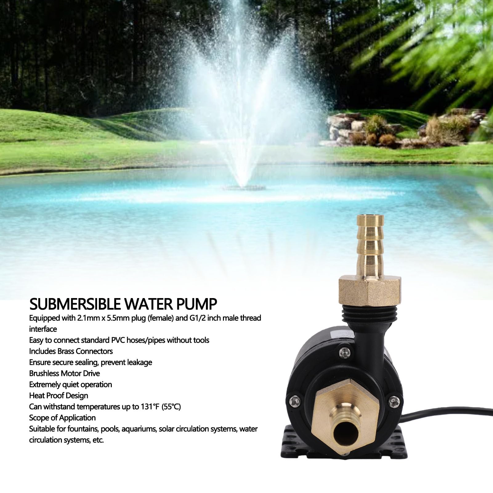 Zunate Pompe Submersible à Tête 800L/H 5M pour Système de Circulation Solaire de Fontaine, Pompe de Circulation D'eau à Moteur sans Balais Silencieux avec Connecteur en Laiton (Prise UE)