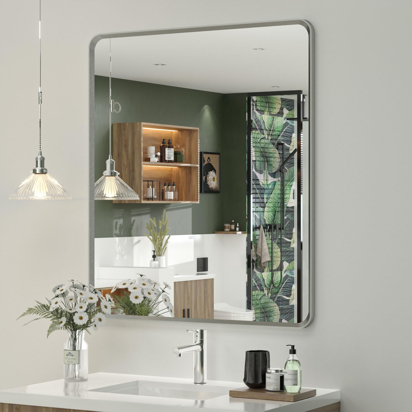 Photo 1 of OKPAL 28 x 32 Silver Framed Mirror, Brushed Nickel Bathroom Mirror for Wall, Modern Rounded Rectangle Mirror, Brushed Silver Vanity Mirror, Anti-Rust, HD Glass (Horizontal/Vertical)