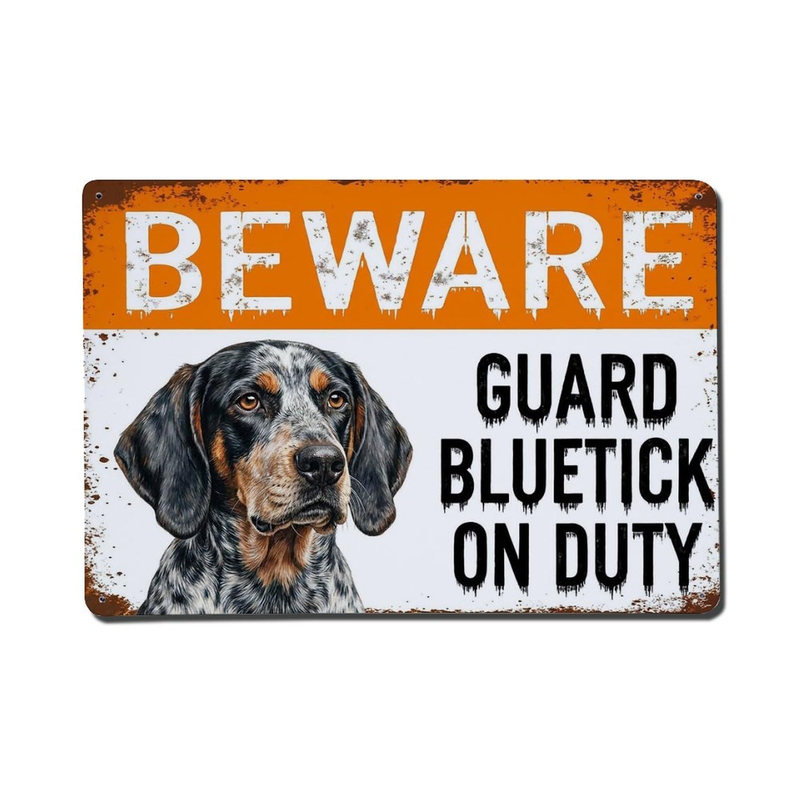 Vintage Funny Bluetick Guard Beware of Dog Terrace Metal Tin Sign Plaque Wall Decor for Cafe, Club Bar, Office, Garden Metal Poster 8x12Inch