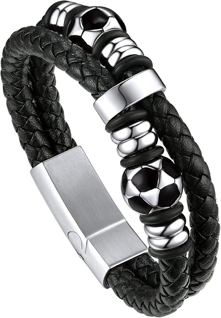 bandmax Double Row Black Braided Leather Wristband for Men Stainless Steel Beaded Double Layer Leather Cord Wristband Bangle with Magnetic Buckle