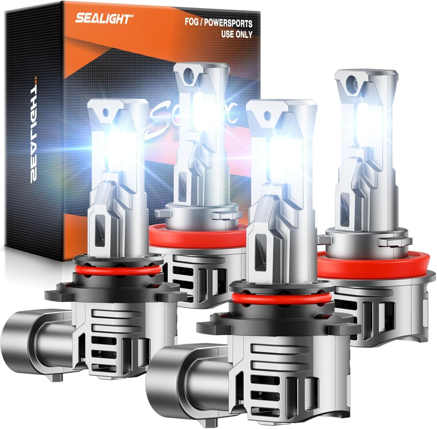 SEALIGHT 9005/HB3 H11 Fog Light Bulbs, 80000LM 6500K Cool White, 1:1 Mini Size, 9005 H11 Bulb with 13000RPM Cooling Fan, 3 Mins Plug-N-Play, IP67 Waterproof Non-polarity, Pack of 4