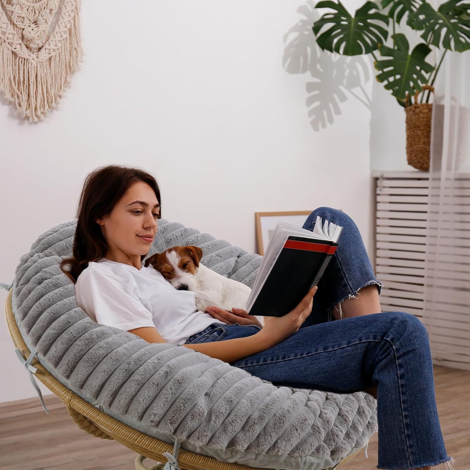 HOMBYS Fluffy Shaggy Cover for Papasan Chair Cushion, Plush Faux Fur Slipcover ONLY, (Without Cushion) Removable Soft Papasan Cushion Covers with 8 Ties,(Light Grey, 50"x50")