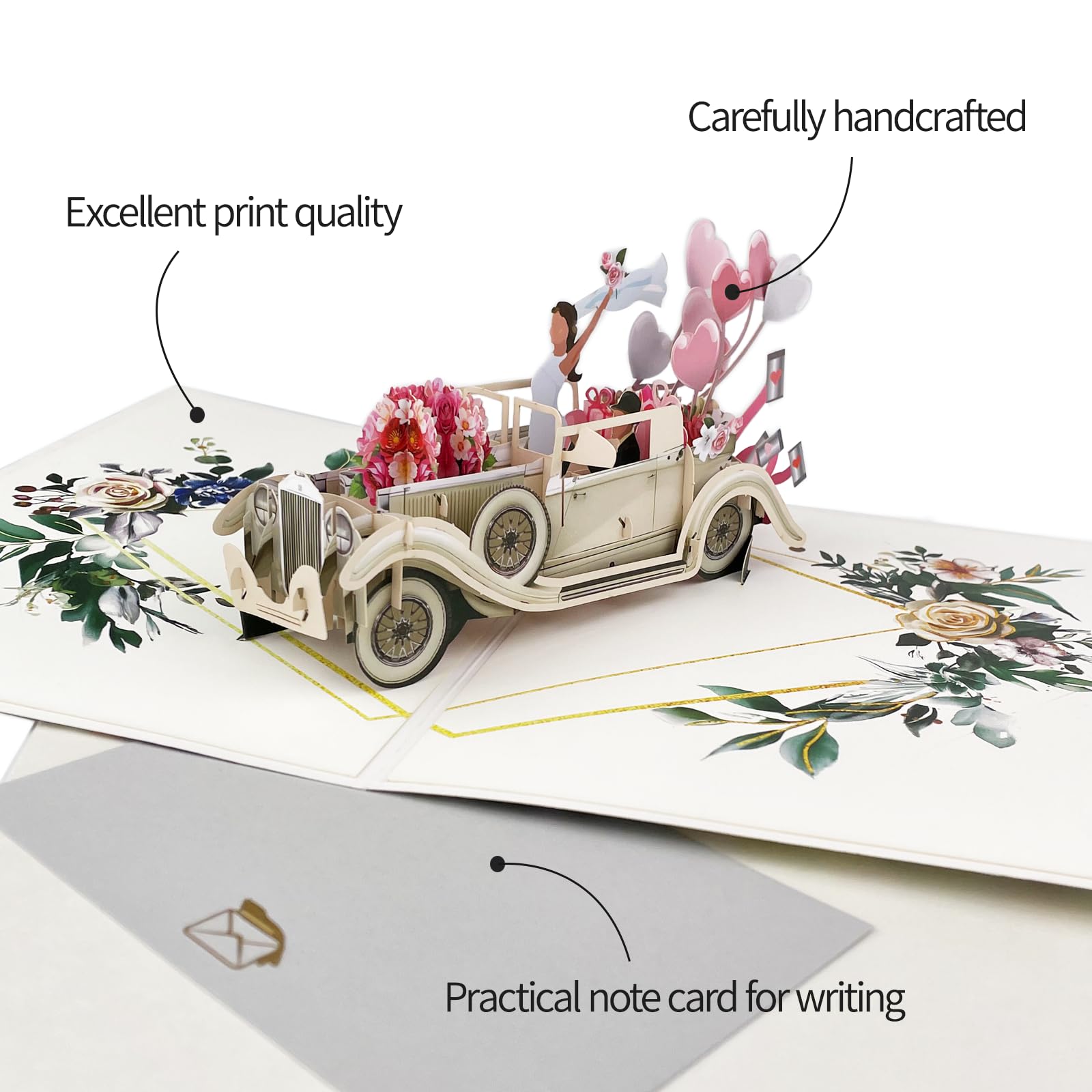 Elegante Biglietto Pop-Up 3D con Auto Just Married per Matrimonio, Regalo in Denaro per Viaggio di Nozze