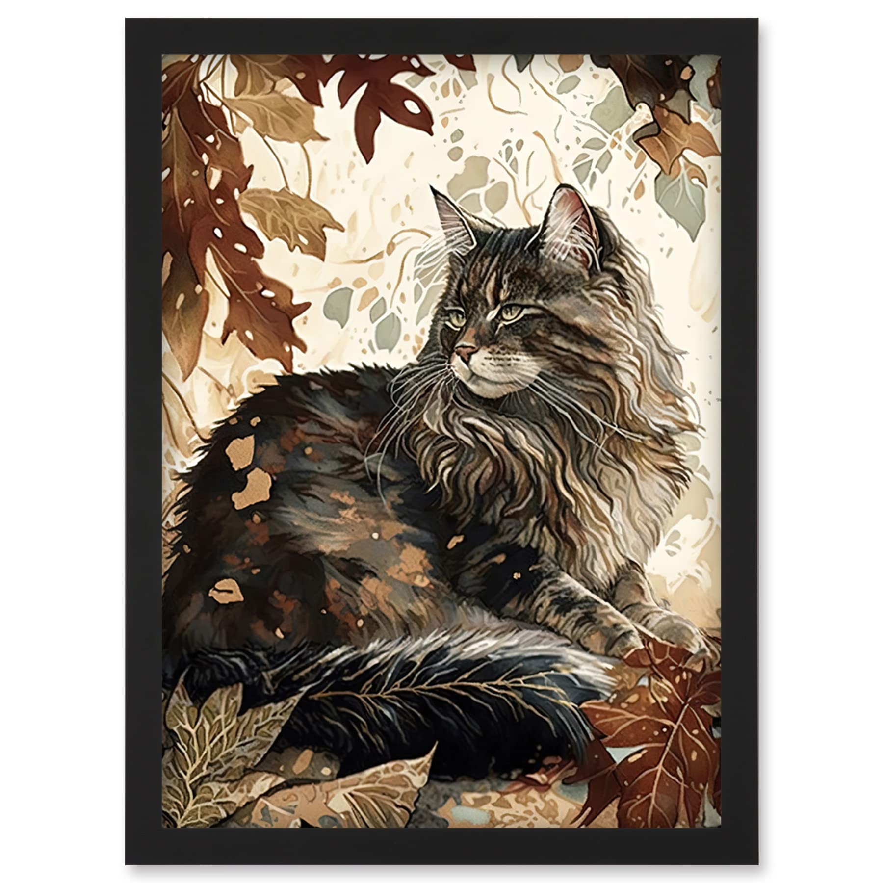 Artery8 Maine Coon Cat in Autumn Leaves Modern Watercolour Ink Illustration Artwork Framed Wall Art Print A4
