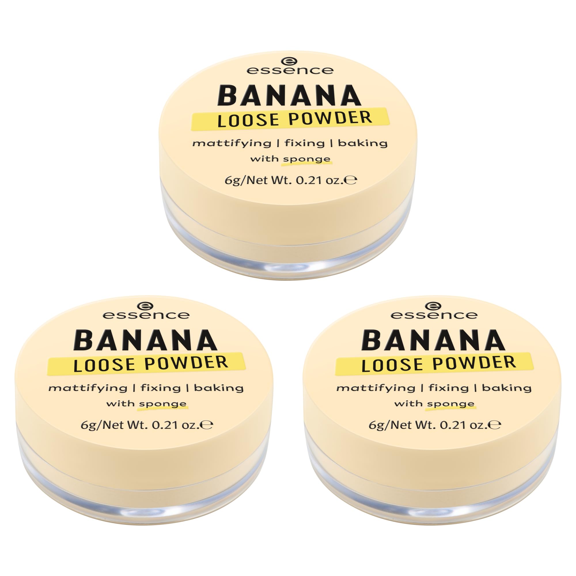 essence BANANA LOOSE POWDER, Gelb, mattierend, fixierend, farbkorrigierend, transluzent, matt, vegan, ölfrei, ohne Parfüm, ohne Alkohol, 3er Pack (3x6g)