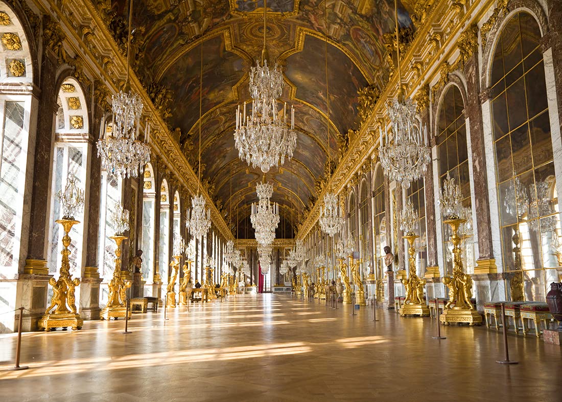 BELECO 3x2m Tissu Château Royal de Versailles Toile de Fond La Galerie des Glaces France Miroir Galerie Toile de Fond Lustre de Luxe Sculpture Plafond Mural Anniversaire Mariage Photoshoot