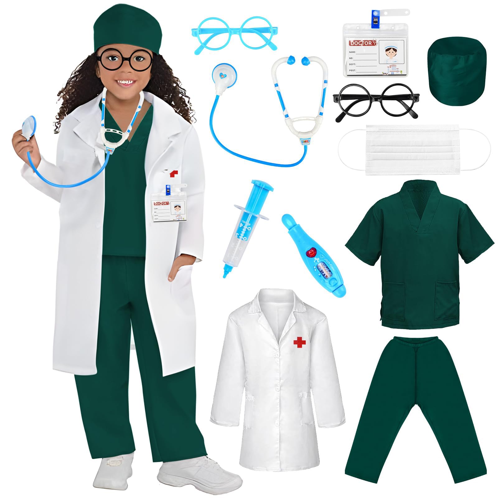 costume da medico, Costume Dottore Bambino Halloween per Bambini dai 3 Anni, stetoscopio, top chirurgico e pantaloni, Kit Dottore Medico Gioco Dottore Costume Carnevale Halloween per Bambini