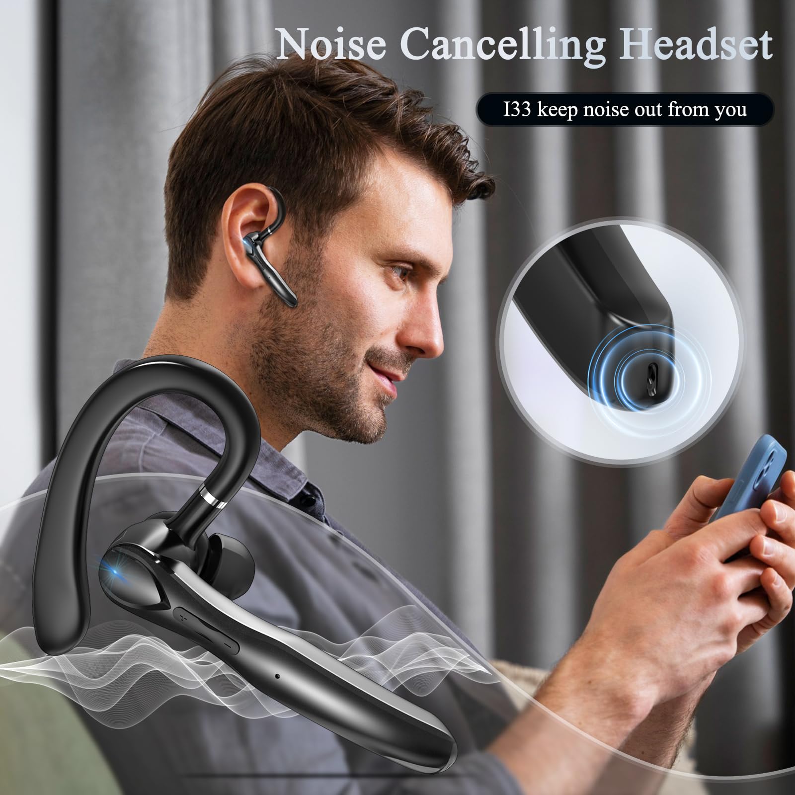 Sisism Bluetooth Headset, Wireless Bluetooth Earpiece with 400mAh Charging Case 50 Hours Talking Time Built-in Microphone for iOS Android Cell Phone, V5.3 Hand-Free Headphones for Trucker, Office — view 3