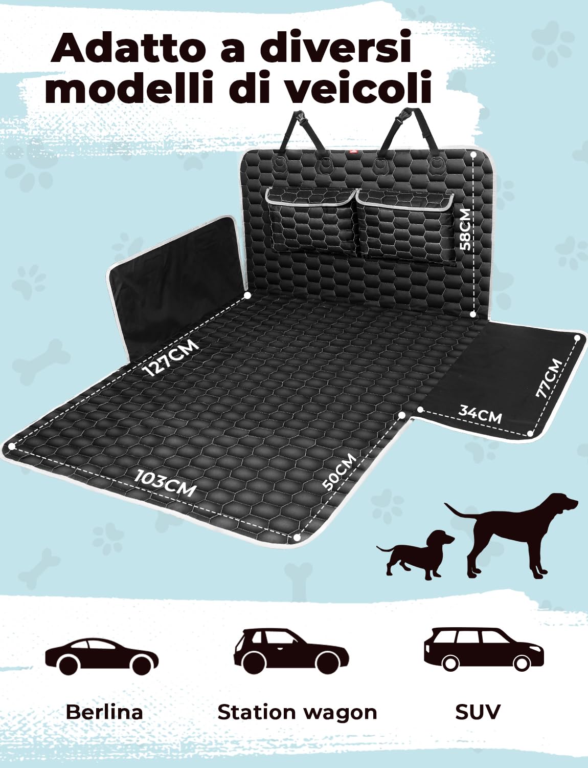 Oasser Telo Auto per Cani Bagagliaio con 2 Tasche Grandi,Impermeabile,Antiscivolo,Antipolvere,185 x 103 cm con Protezione Laterale e Paraurti,Lavabile in lavatrice,Universale per Auto e SUV Nero