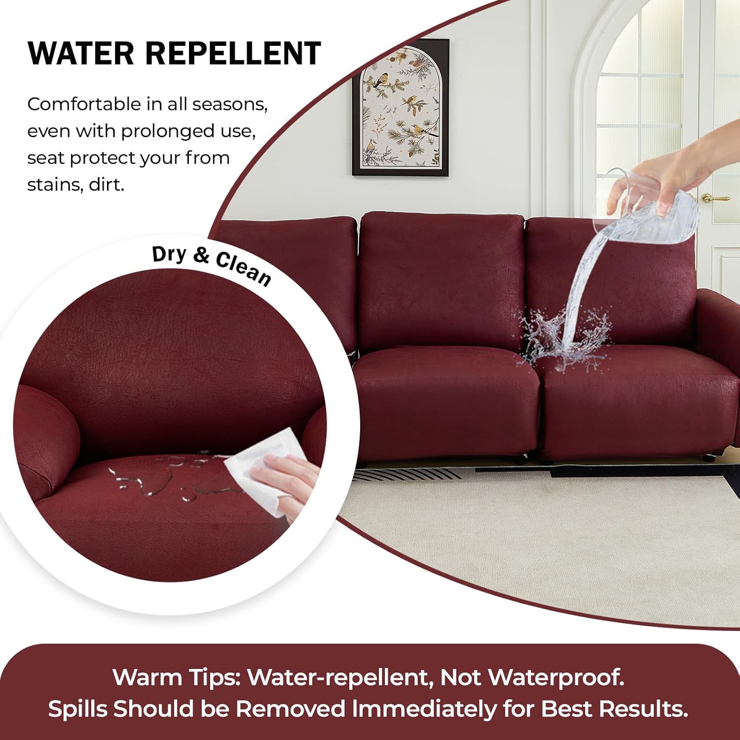 vctops Vintage Leather Look Stretch Recliner Sofa Covers 8-Pieces Water Resistant Reclining Couch Covers Non Slip Sofa Slipcovers Soft Furniture Protector for Dogs Cats (Wine Red,3 Seater)