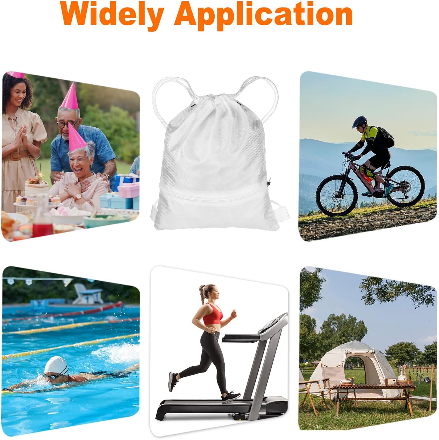 HARFINGTON Drawstring Backpack Bag 16.5" x 19.3" Oxford Cloth Bulk Cinch Sack Unisex Waterproof Draw String Back Sack with Zipper Pockets for Sports Gym Travel Swimming Beach, White - Image 7