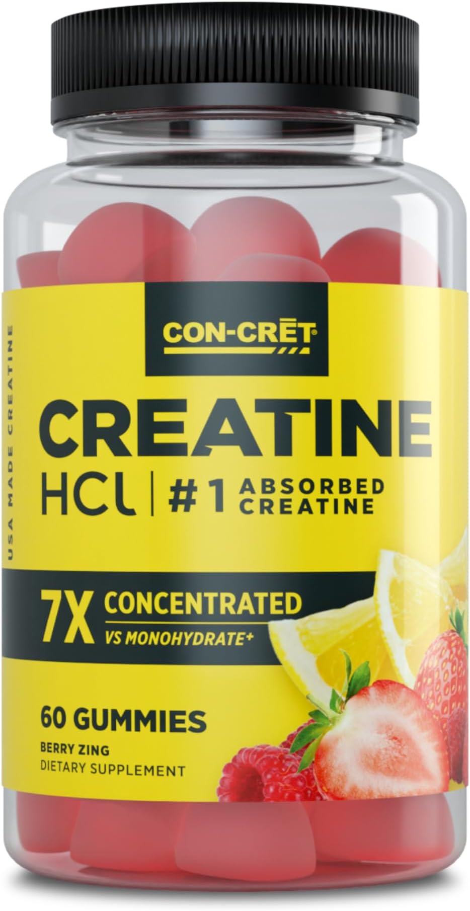 CON-CRET Creatine HCl Gummies for Men & Women | Muscle, Cognitive, Cellular Energy Support | No Bloating or Cramps | USA Made | Berry Zing (60 Count)