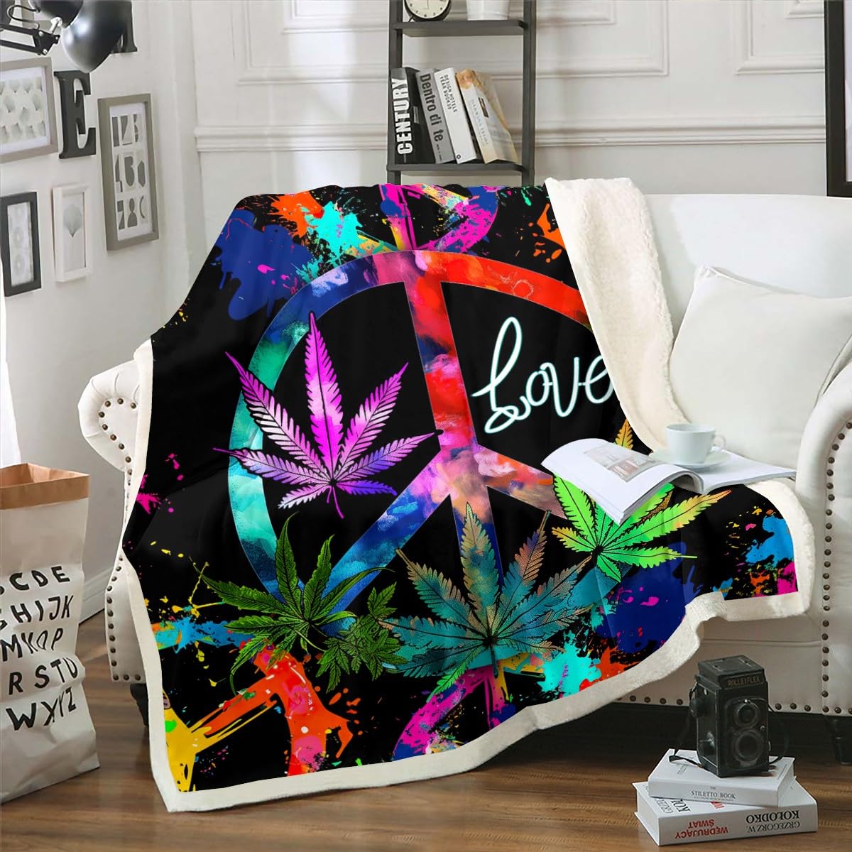 Hippie Peace Art Blanket Cannabis Leaves Flannel Blanket Peace Sign Bed Blanket for Kids Boys Girls Colorful Tie Dye Marijuana Leaf Sherpa Blanket Rainbow Marijuana Weed Leaf Throw Blanket Baby 30x40