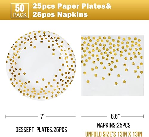 Miniatura 2 de Platos y Servilletas de Papel Blanco y Dorado - Paquete de 50 - 25 Platos de Papel de 7 pulgadas y 25 Servilletas de 6.5 pulgadas, Suministros de