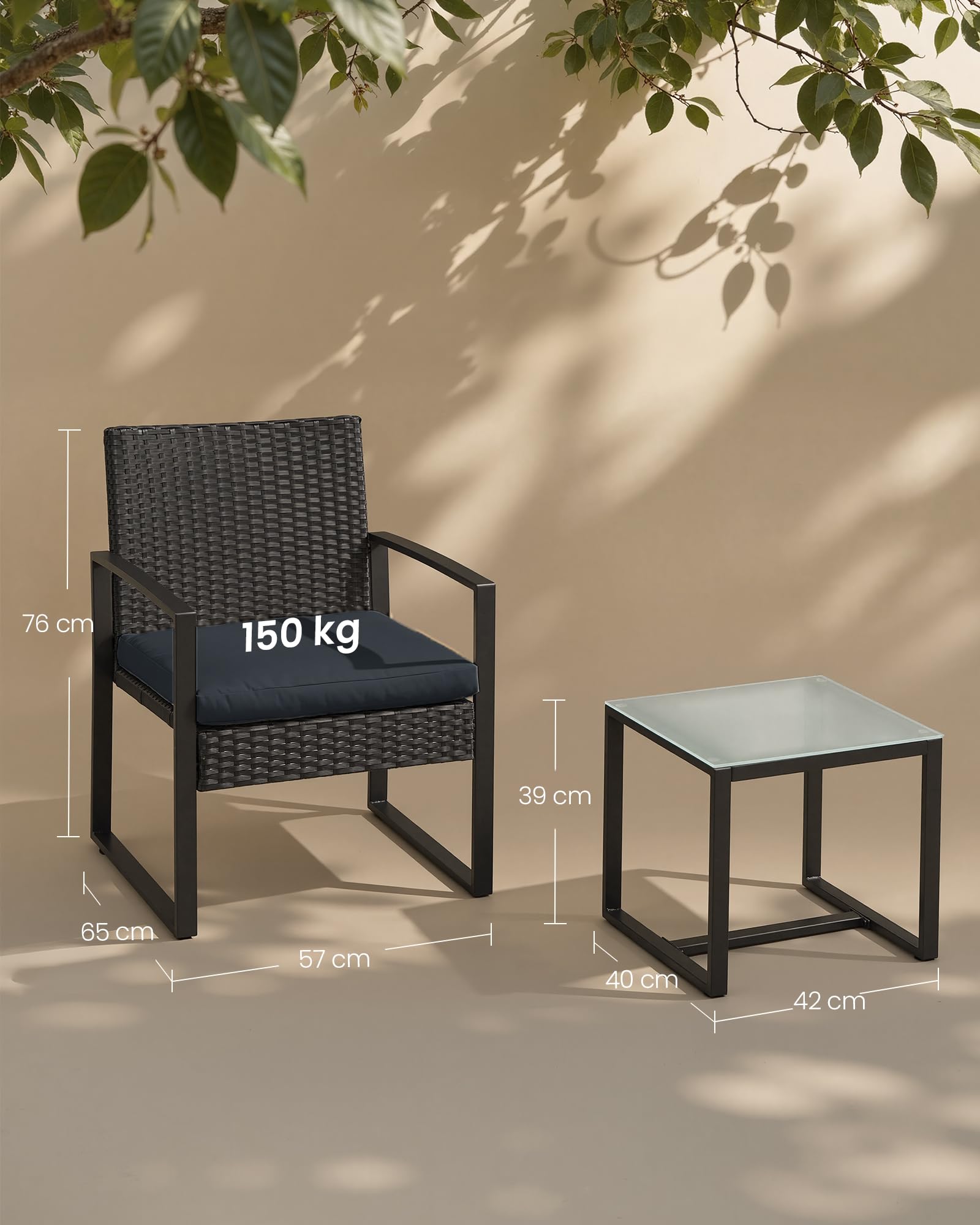 SONGMICS Balkonmöbel, Gartenmöbel-Set, aus PE-Polyrattan, Lounge-Set, Tisch und 2 Stühle, Terrassenmöbel, einfache Montage, Outdoor, für Terrasse, Balkon, Garten, schwarz GGF010B05