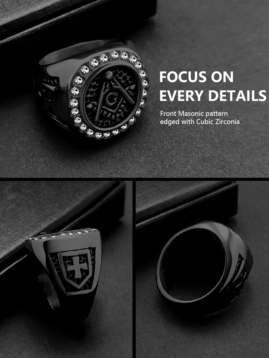 Masonic Signet Rings for Men, 316L Stainless Steel/18K Real Gold/Black Metal Freemason Jewelry, Punk Biker Mason Ring, Size 7-12 - Image 4