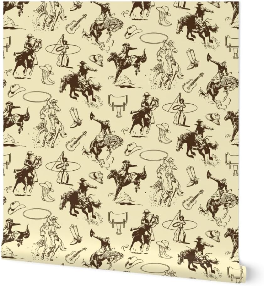 Spoonflower Peel & Stick Wallpaper Swatch - Cowboy Cowgirl Horse Lovers Horses Bronc Riding Roping Rodeo Western Theme Country Custom Removable Wallpaper