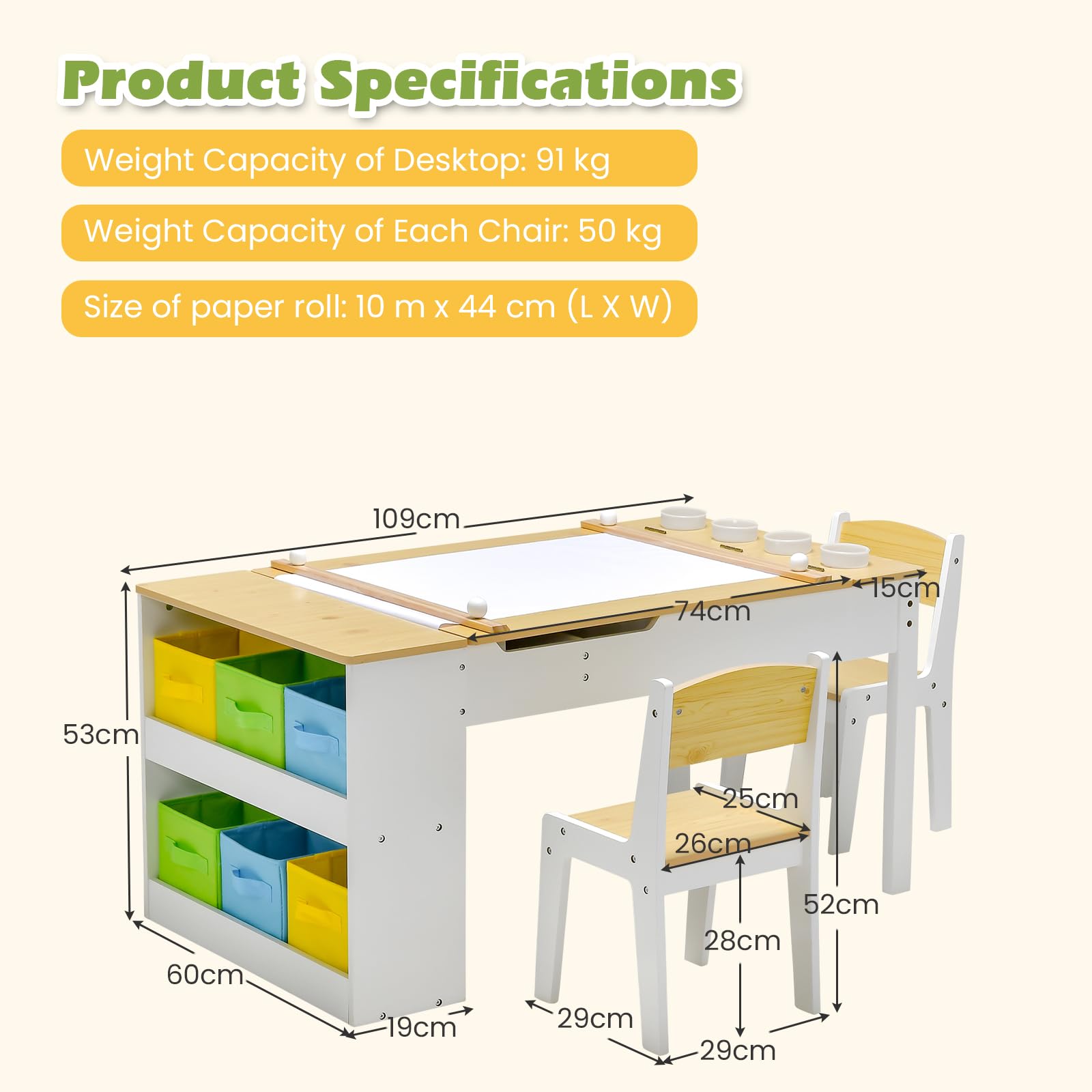 RELAX4LIFE Mesa Infantil con 2 Sillas, Mesa y Silla Infantil de Madera para Niños con Encimera Elevable, 2 Espacio Interior, 6 Cajones de Tela, 4 Tazas para Pintar y Rollo de Papel (Natural)