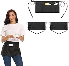 3 Pack Waitress Aprons 100% Waterproof Cotton, server aprons with 3 pockets with Extra Long Straps Reinforced Seams,server aprons for Restaurant Server Work,bar apron,restaurant apron,money apron,kitchen apron