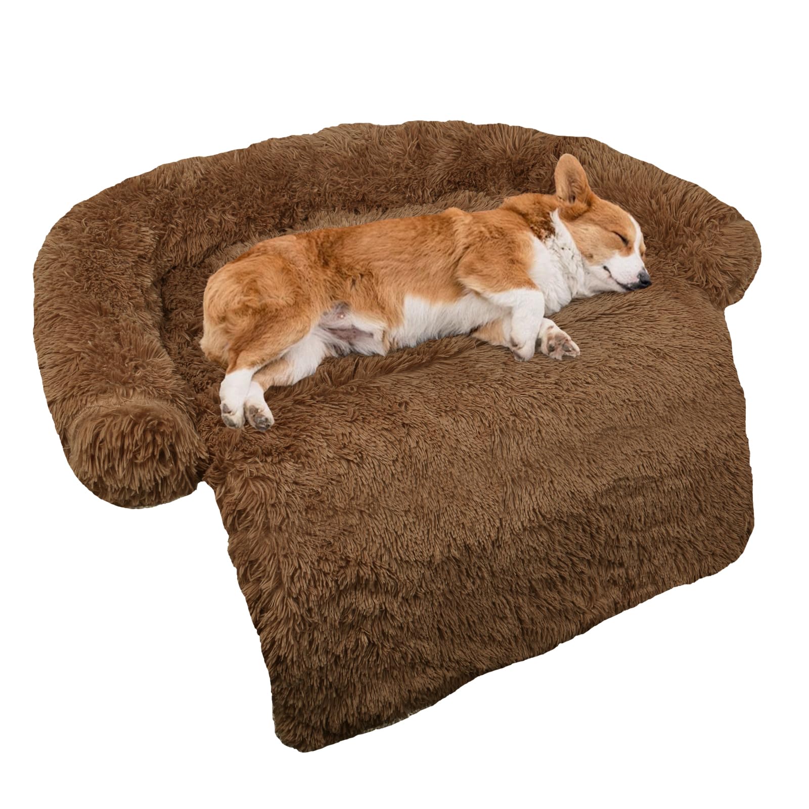 GGIB Calming Dog Bed Fluffy Plush Dog Mat for Furniture Protector with Removable Washable Cover for Large Medium Small Dogs and Cats (Medium, Brown)