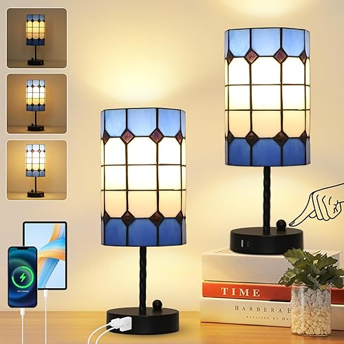 Miniatura 8 de Lámparas de Mesa Táctiles Tiffany, Juego de 2 Lámparas Tiffany Regulables de 3 Vías con Bombillas y Puerto de Carga USB, Lámpara de Vidrio Emplomado