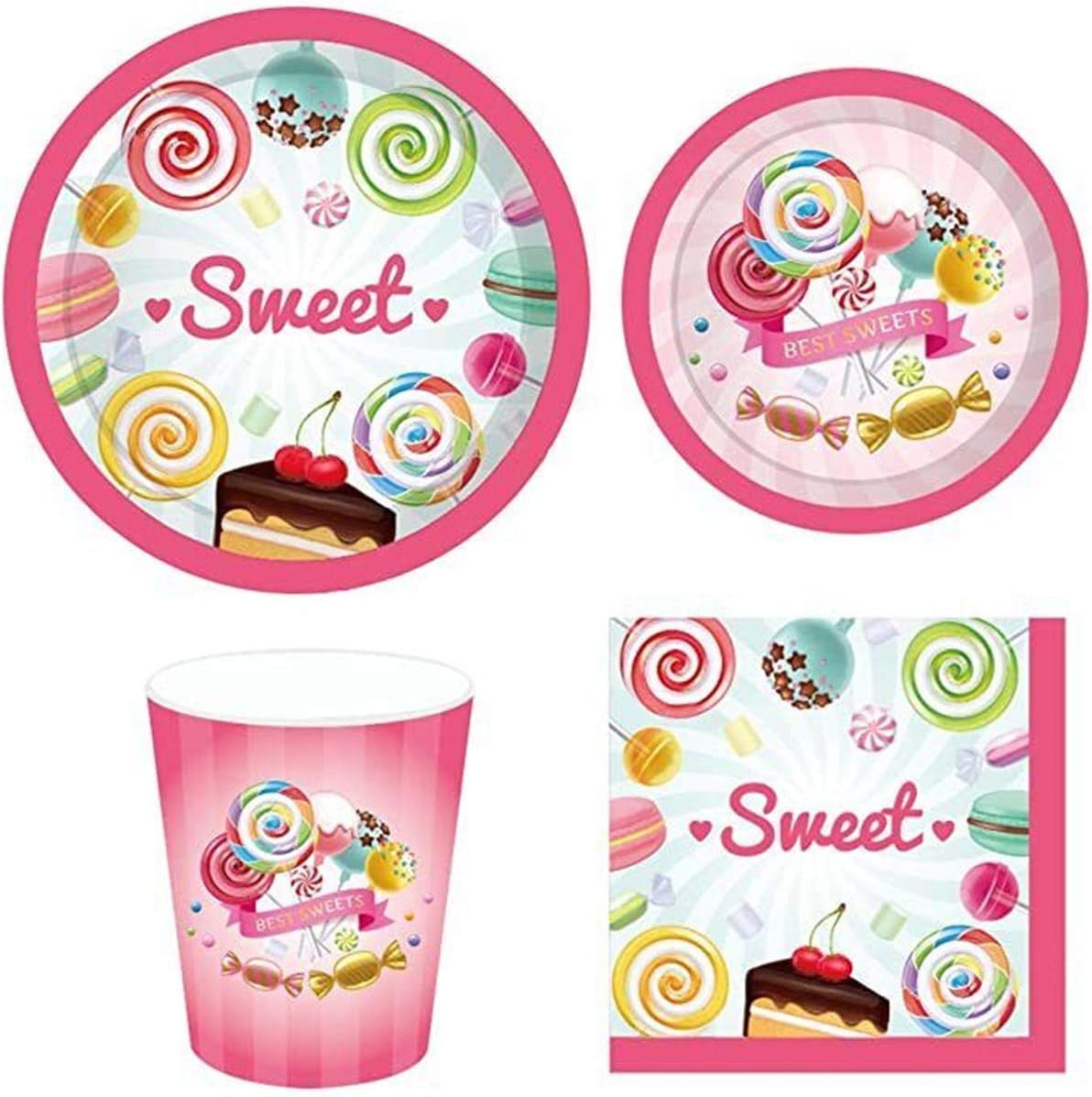 Candyland Party Supplies Decorations Set ncluding 8 x 9 Plates, 8x 7 Plates, 8x9 Oz Cups, 20x Luncheon Napkins Serves 8 Guest Set