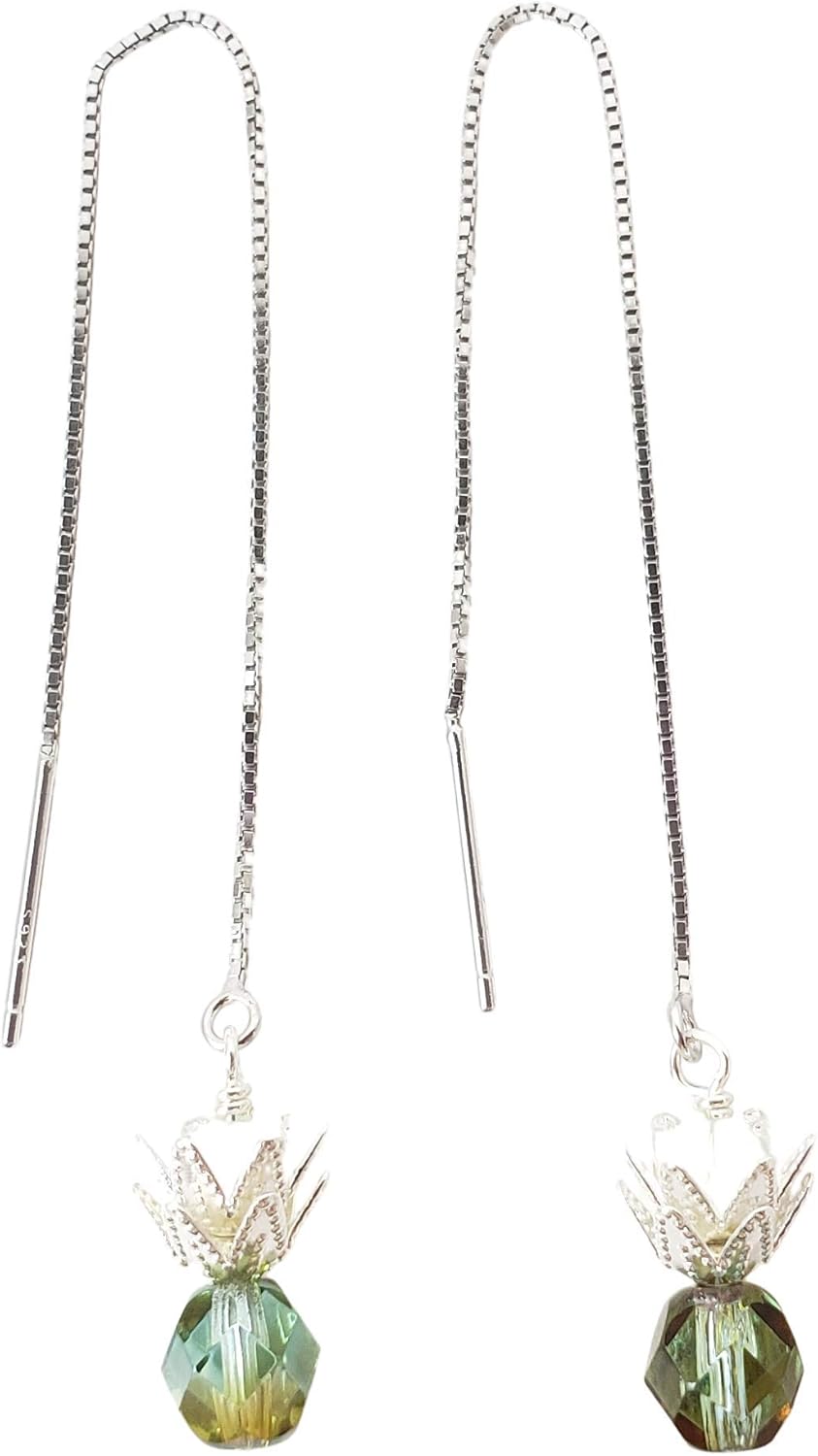 Pineapple green and gold threader earrings in silver-hypoallergenic for sensitive skin, Handmade in Hawaii Beach Jewelry