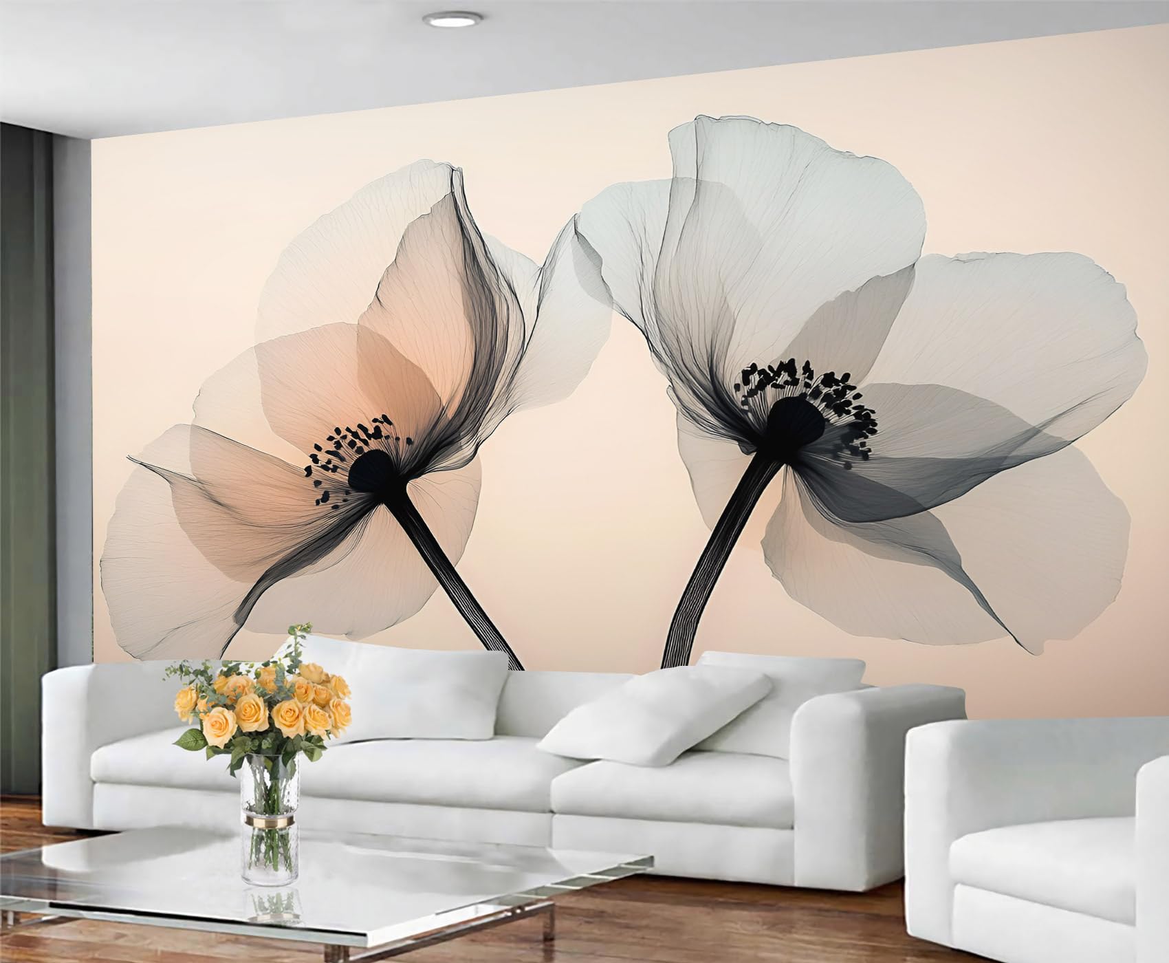 GIVLWF Translucent Poppies Wallpaper Mural & Wall Decor, Delicate Blooms Bedroom Wallpaper, X-Ray Style Wall Paper for Living Room, Non-Self-Adhesive Flowers Murals for Walls