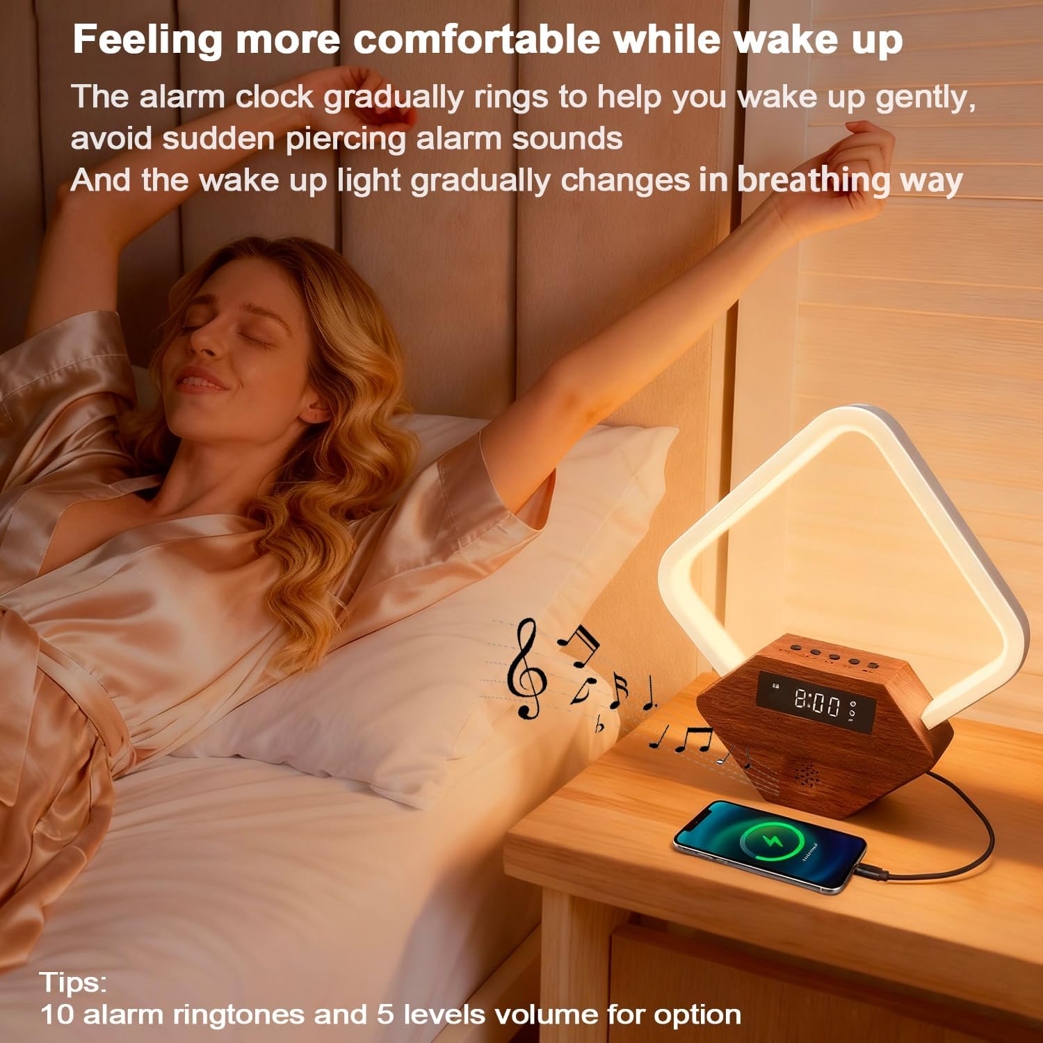 Sunrise Alarm Clock for Bedrooms Heavy Sleepers 15 Sleep Sounds White Noise Machine Baby/Adults 3 Color Table Lamp 10 Ringtones with PD22.5W USB C Fast Charger Birthday Gifts for Women