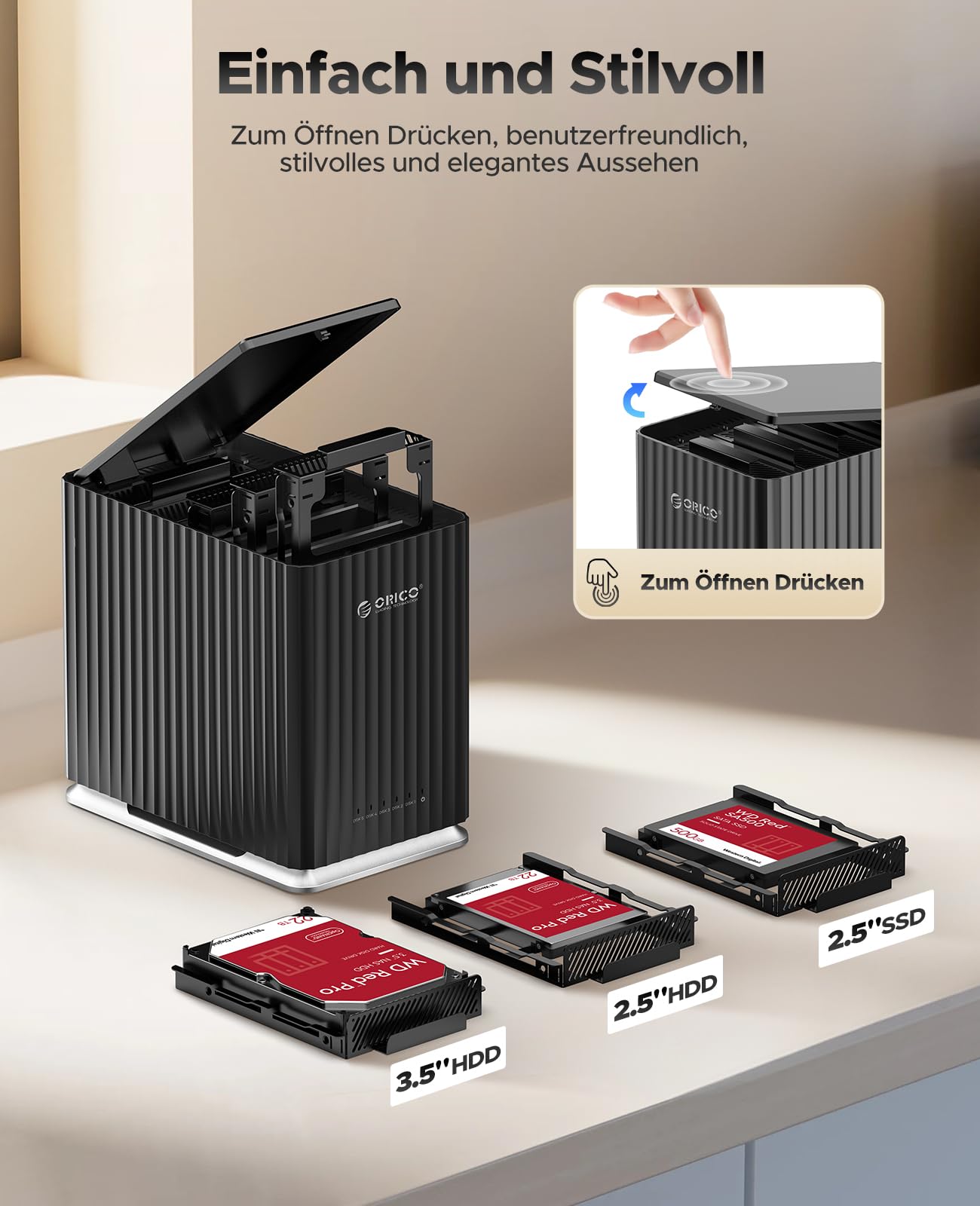 ORICO USB C Boîtier à 5 Baies pour Disques Durs avec Adaptateur Secteur 12V/10A, Max. 110 to pour la Gestion des Données Personnelles - 9758C3