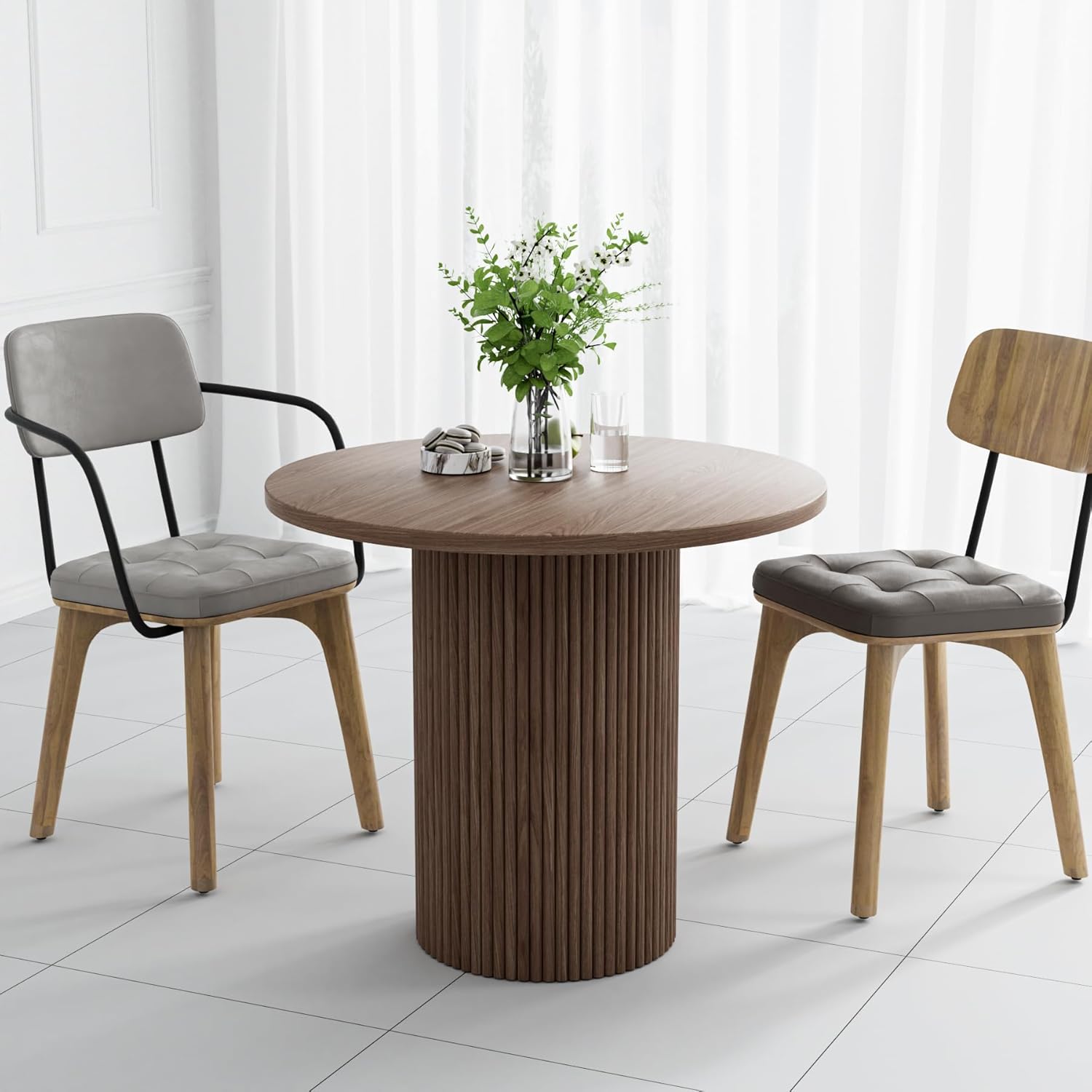 Rophefx Round Dining Table, 34.3" Modern Wood Kitchen Table for 2 to 4, Pedestal Circle Dining Tables, Fluted Dining Table for Leisure, Coffee, Kitchen, Dining Room φ34.3" x 29.9"H (Walnut Color)