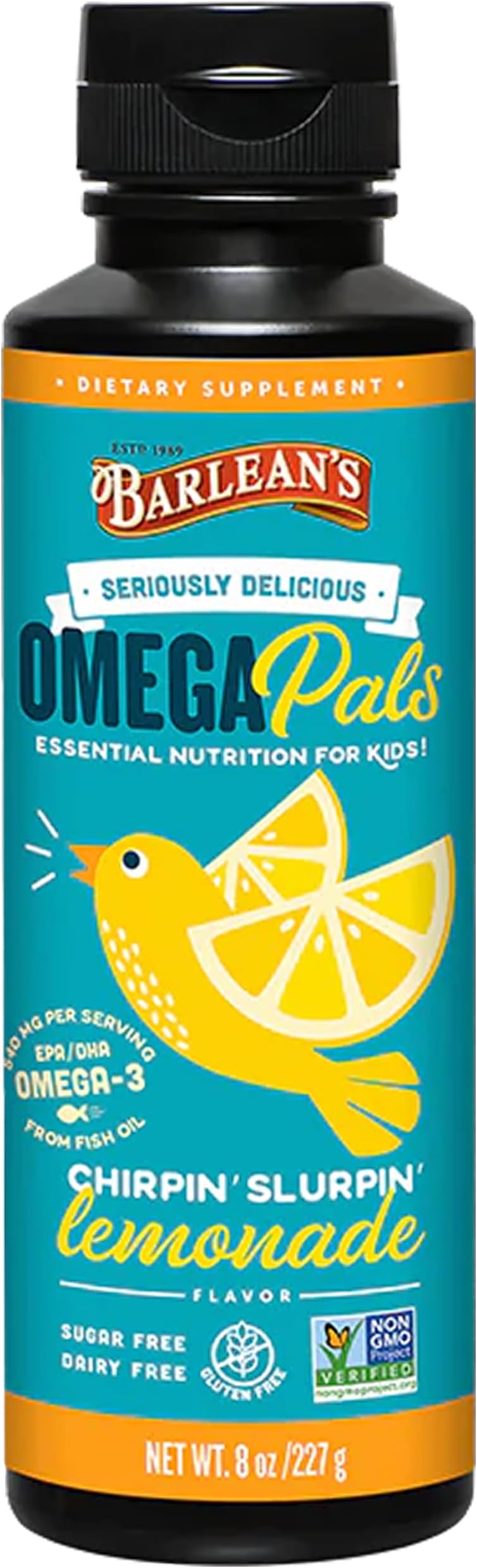 Barlean's Omega Pals Fish Oil, Chirpin' Slurpin' Lemonade, 8-oz, Packaging may Vary