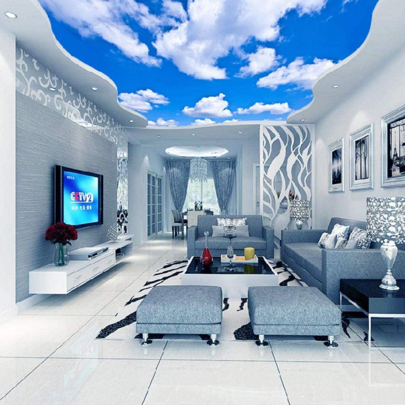 Vinilo autoadhesivo moderno techo moderno cielo azul cielo nube blanca fondo de techo para papel tapiz de vinilo p Pared Pintado Papel tapiz 3D Decoración dormitorio Fotomural sala mural-250cm×170cm