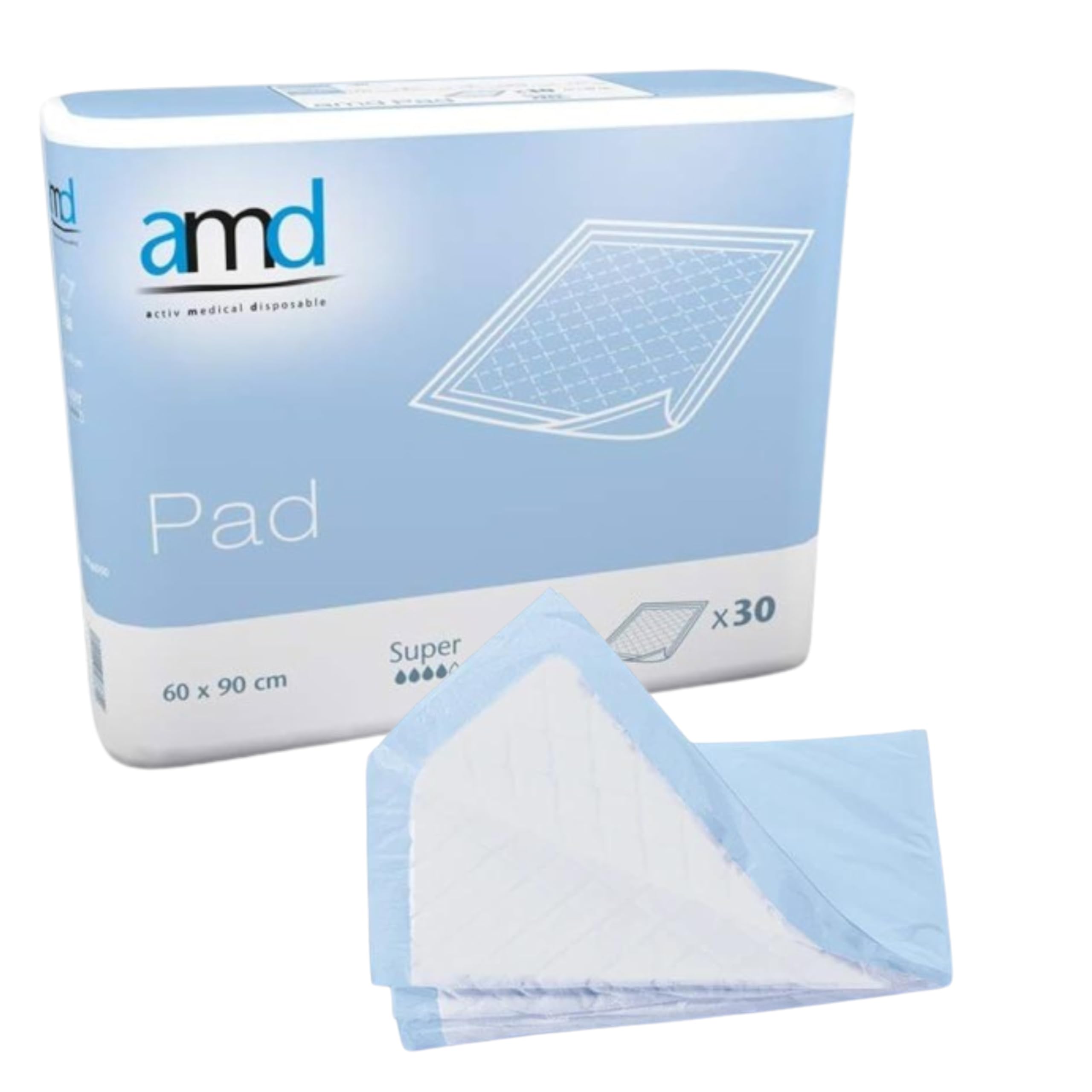 AMD Caja 1 Paquete con 30 Salvacamas Desechables 60x90. Empapadores Cama Adultos Desechables. Protector de Cama de un Solo Uso. Cambiadores Desechables Absorción Super (1 Paquete de 30ud, 60x90)