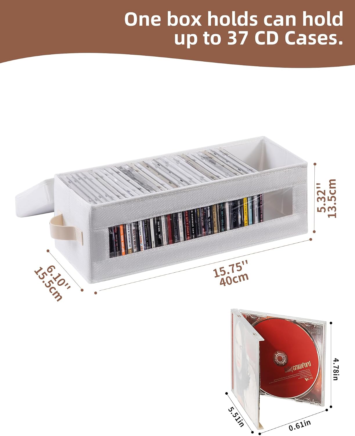4 Packs CD Storage Box with Visible Window, Stackable CD Case Holder with Dustproof Lid and Handles, Holds Up to 148 CDs in Full Jewel Cases-15.75 x 6.10 x 5.31 Inches-White image 2