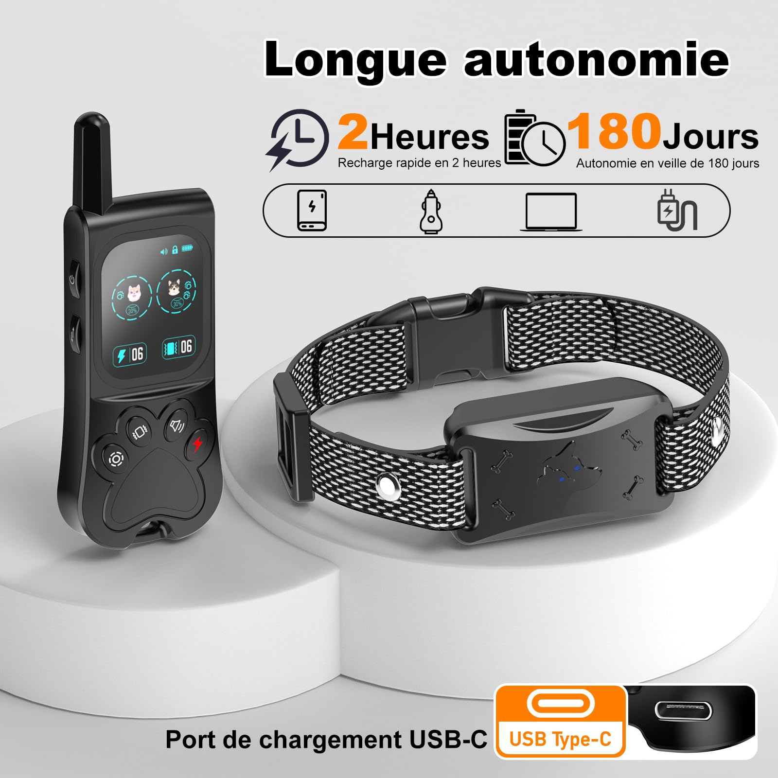 Collier de Dressage pour Chien, Collier Electrique pour IPX7 Résistant à L’Eau, 4 Modes de Dressage (Lumière, Bip, Vibration, Choc) avec Verrouillage de Sécurité, pour 1 Chien（Black）