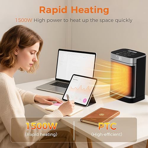Miniatura 5 de OSTBA Calentador de espacio portátil para uso en interiores, calentador eléctrico de cerámica de 1500 W con termostato ECO, oscilación de 70,