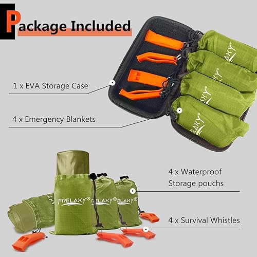Vista 25 de Frelaxy Paquete de 2/4 mantas de emergencia, extra gruesas, extra grandes, con silbatos, bolsas de almacenamiento y funda de EVA Naranja - Paquete