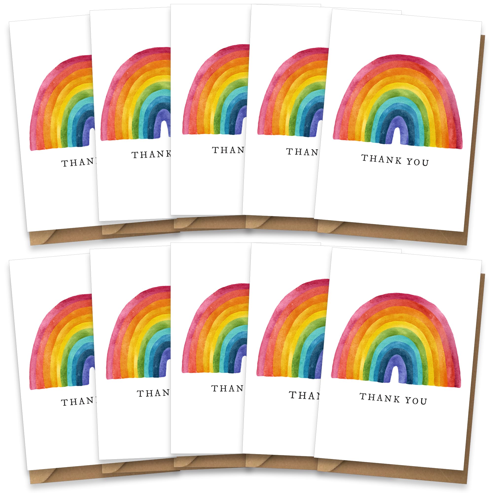 Thank You Cards Pack of 10, Watercolour Rainbow Multipack Set Cute Colourful Design for Her Men Women Family and Friends, Multi-pack of Ten, Blank Inside with Premium Envelopes