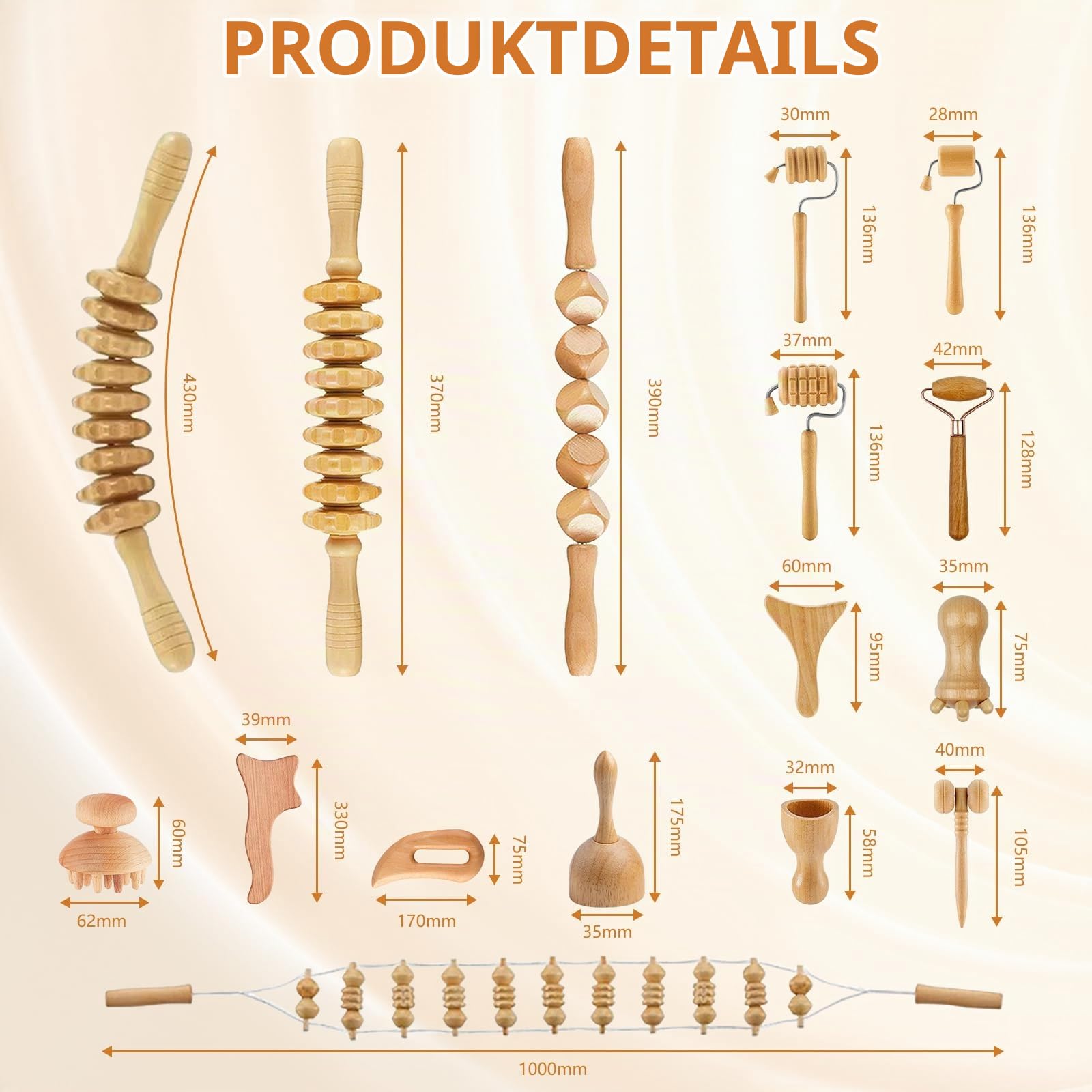 16 Stück Holz Maderotherapie Set,Faszienrolle Holz Professionelles Massage Set,Massageroller Beine,Rücken Massagegeräte,Body Gua Sha,Entspannung Therapie Tools für Körperformung,Anti Cellulite,Stress