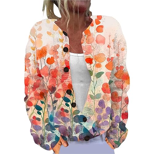 Women's Floral Print Cardigans Boho Sweater Cute Button Down Coatigan Long Sleeve Lightweight Open Front Knit Cardigan